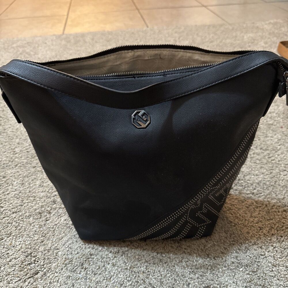 Marina Galanti Faux Leather Black Handbag Saddlebag Italy Shoulder Stud Bucket
